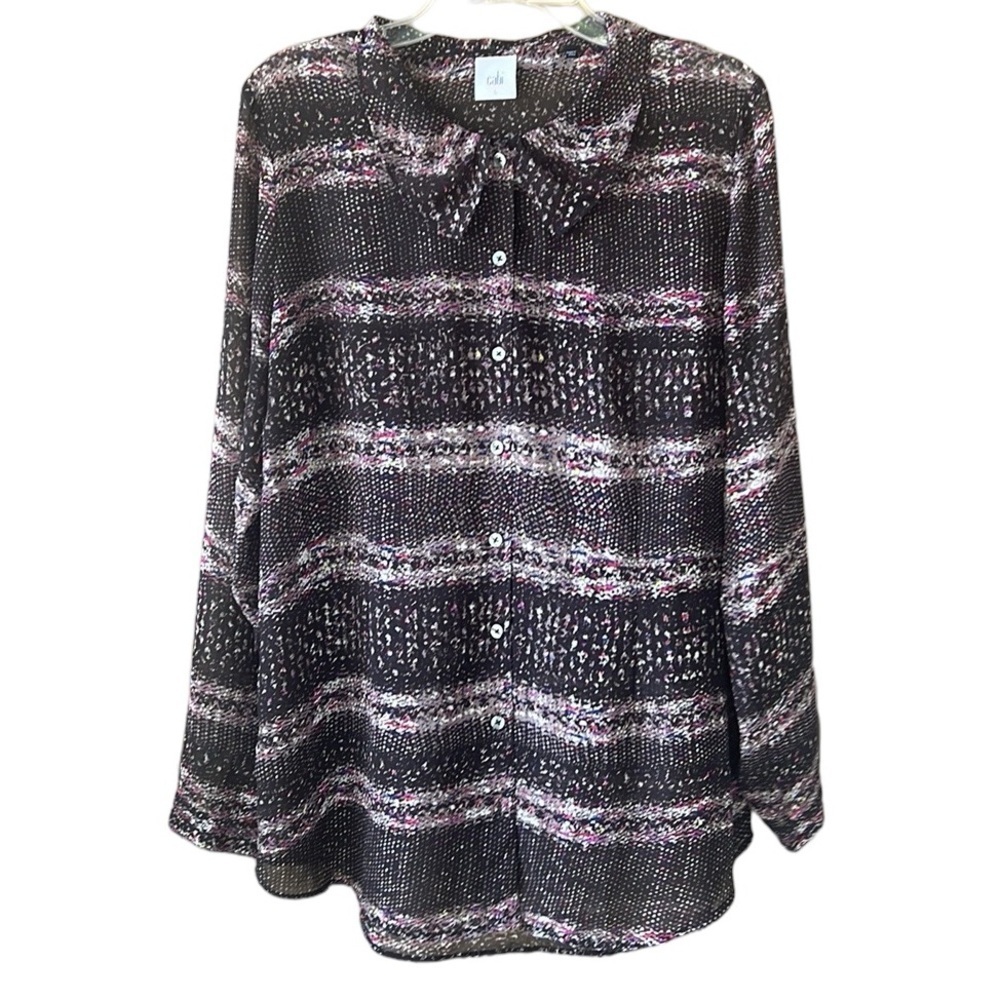 Cabi Long Sleeve Sheer Dark Floral Peter Pan Collar Button Down Shirt L